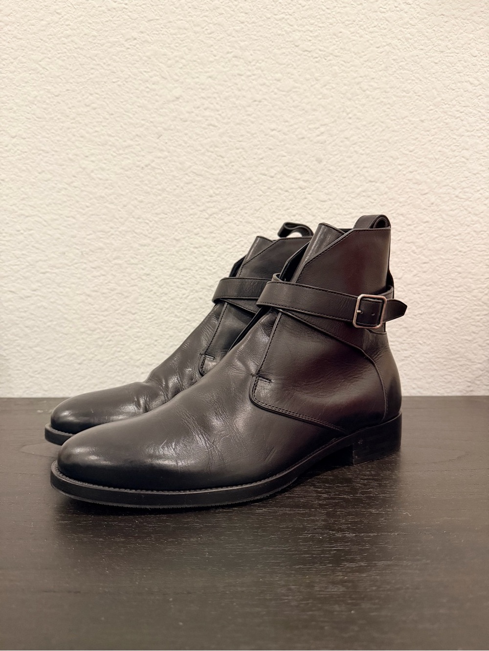 Saint Laurent Black Leather Buckle Ankle Boots